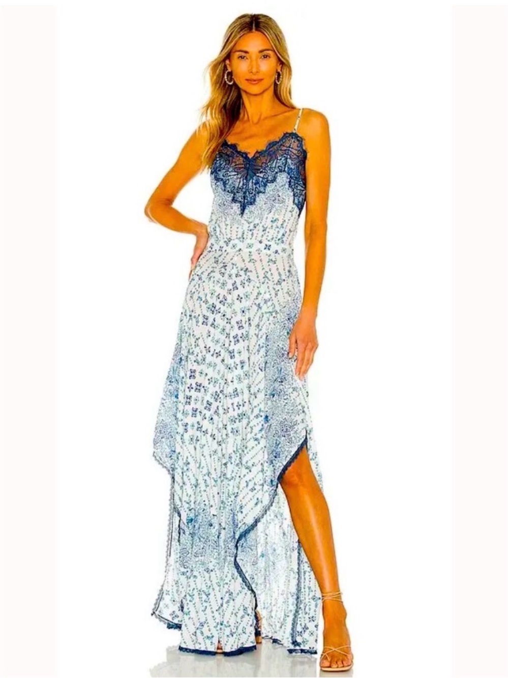 Poupette St. Barth Blue and Navy Lace-Trim High-Low Slip Dress